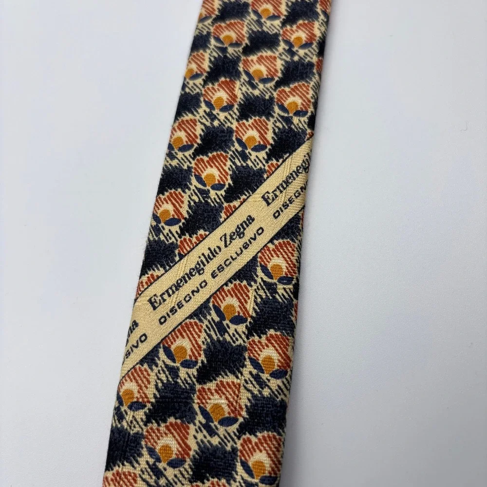 Ermenegildo Zegna Tie Geometric Pattern Floral Blue Orange Gold Exclusive Design